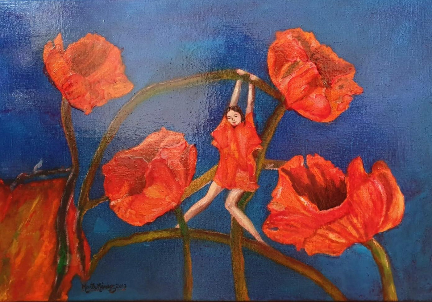 Amapolas rojas sobre fondo azul, óleo de Marta Mendez